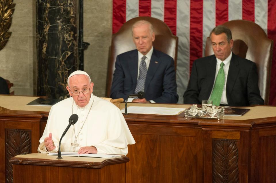 Pope Francis is hospitalized, according to the Vatican. In this file photo, Pope Francis addresses a joint meeting of Congress on Thursday, Sept. 24, 2015 from the House Chamber of the United States Capitol in Washington, D.C. Vice President Joe Biden, back center, Speaker of the House John Boehner, back right.