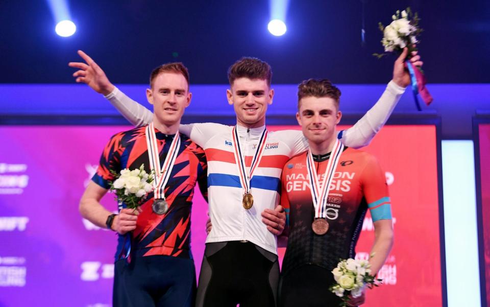 James Phillips, Cam Jeffers and Tom Moses on the podium at the British Cycling Zwift eRacing Championships in London on Mar 28 2019 - Simon Wilkinson/SWpix.com/Shutterstock