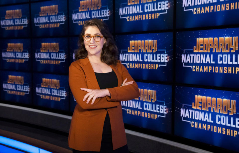 Mayim Bialik on the set of "Jeopardy"