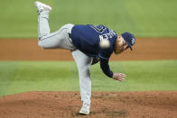 Tampa Bay Rays starting pitcher Drew Rasmussen throws during the third inning of the team's baseball game against the Miami Marlins, Wednesday, Aug. 31, 2022, in Miami. (AP Photo/Lynne Sladky)