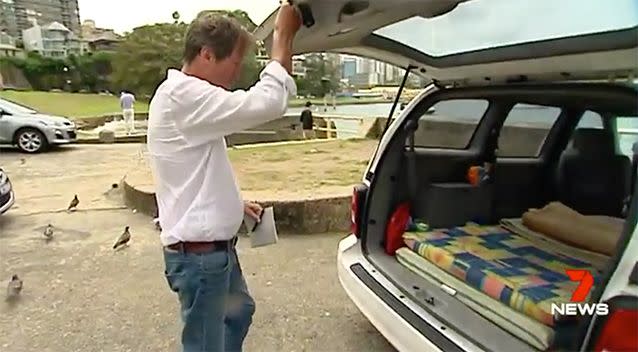 The former newsreader is now living in a car and on $12 a day. Source: 7 News