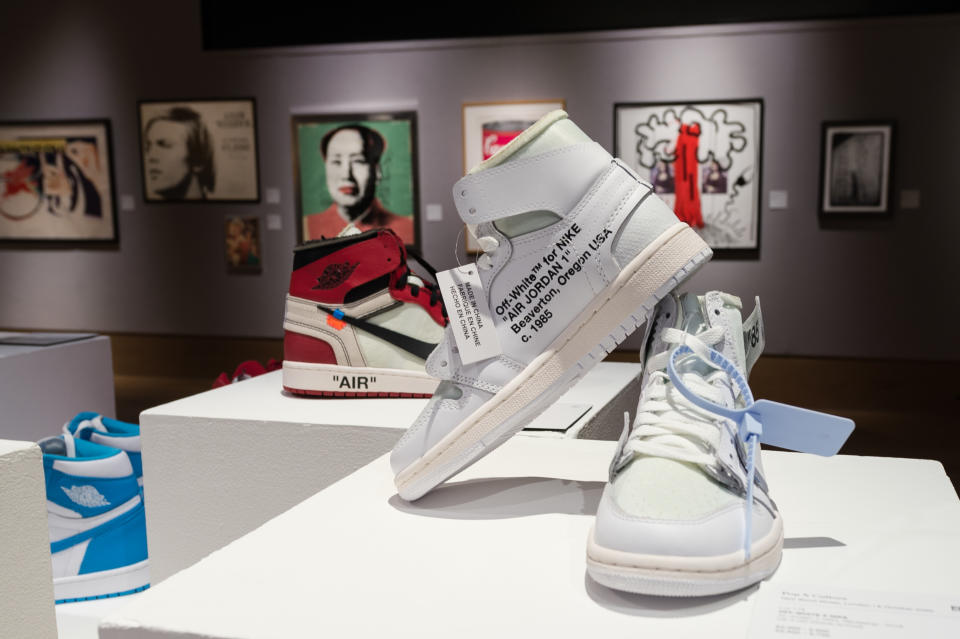 LONDON, UNITED KINGDOM - OCTOBER 01, 2020: A pair of off-white X Nike Air Jordan 1 NRG 'Revealing', 2018, (estimated sale price £2,200 - 2,500) is displayed during a photo call for Bonhams' Pop x Culture sale, on October 01, 2020 in London, England.- PHOTOGRAPH BY Wiktor Szymanowicz / Barcroft Studios / Future Publishing (Photo credit should read Wiktor Szymanowicz/Barcroft Media via Getty Images)