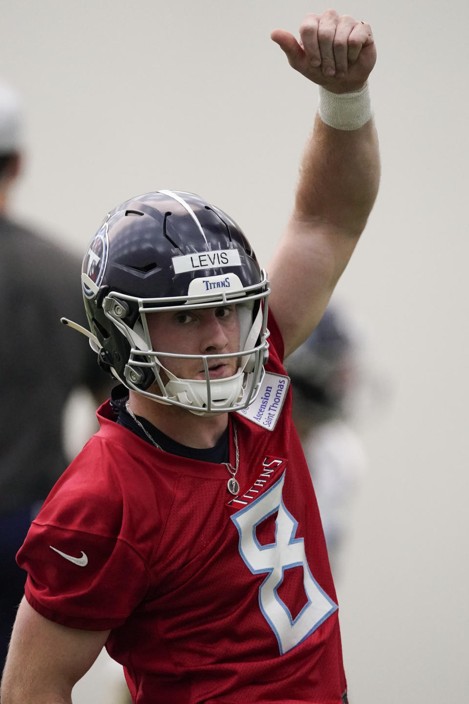 Tennessee Titans quarterback Will Levis (8) stretches during the NFL football team's rookie minicamp, Saturday, May 13, 2023, in Nashville, Tenn. (AP Photo/George Walker IV)