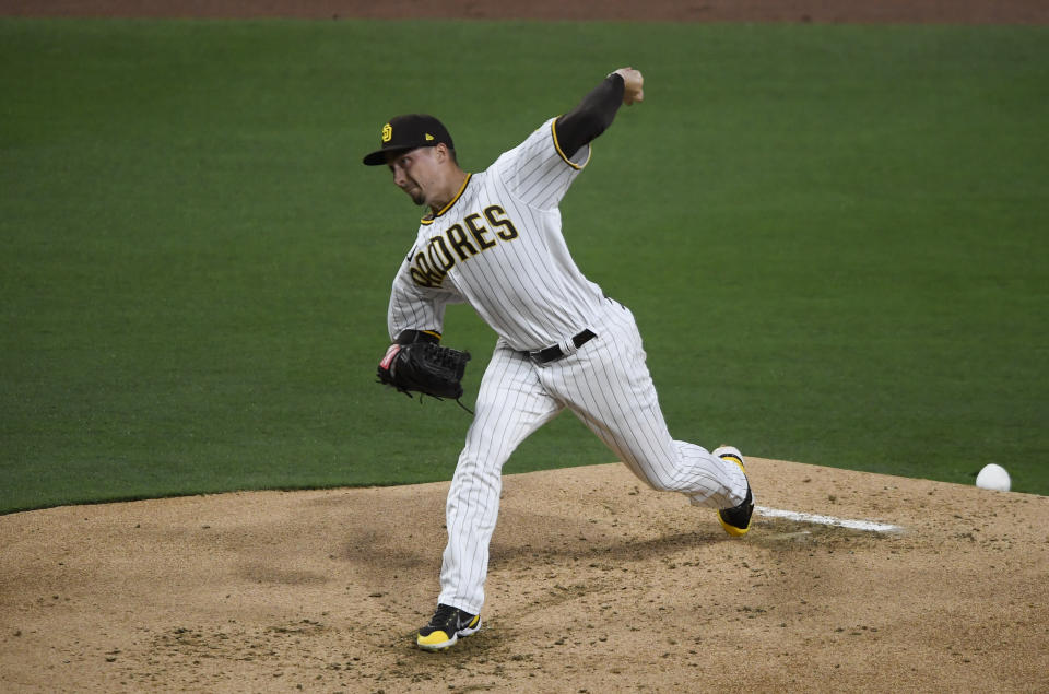 San Diego Padres starting pitcher Blake Snell delivers during the second inning of a baseball game against the Arizona Diamondbacks, Friday, April 2, 2021, in San Diego. (AP Photo/Denis Poroy)