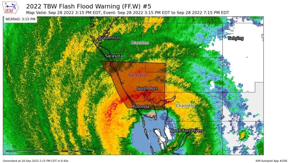 A Flash Flood warning is in effect for Sarasota County as rain from northern eyewall inundates region.