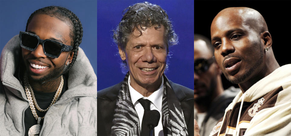 This combination of photos shows a portrait of rapper Pop Smoke, who was killed in 2020, left, jazz pianist Chick Corea, who died earlier this year and rapper DMX, who died earlier this year. Pop Smoke earned a posthumous Grammy nomination as a contributor on Kanye West's “Donda,” which is nominated for album of the year. Corea has four nominations this year in the jazz, Latin jazz and classical categories and DMX earned a Grammy nomination for best rap song for “Bath Salts," featuring Jay-Z and Nas, which was released after his death. (Republic Records via AP, left, and AP Photos)
