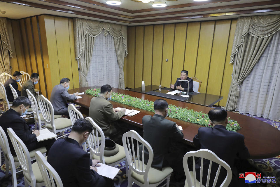 North Korean leader Kim Jong-un addresses officials at the state emergency epidemic prevention headquarters in North Korea May 12, 2022.<span class="copyright">AP–Korean Central News Agency</span>