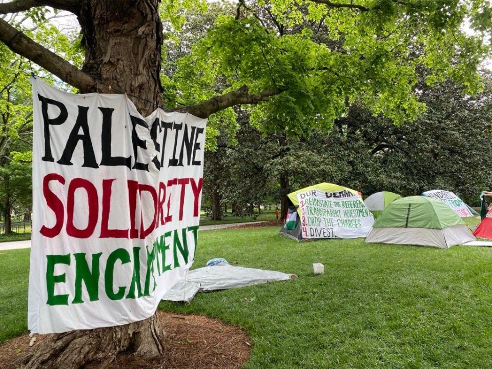 Banners on the Palestine Solidarity Encampment at Vanderbilt University display the students' demands for the university.