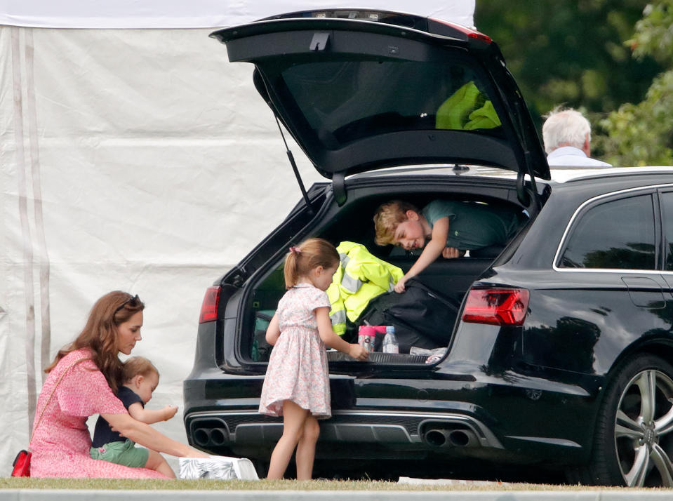 WOKINGHAM, UNITED KINGDOM - JULY 10: (EMBARGOED FOR PUBLICATION IN UK NEWSPAPERS UNTIL 24 HOURS AFTER CREATE DATE AND TIME) Catherine, Duchess of Cambridge, Prince Louis of Cambridge, Princess Charlotte of Cambridge and Prince George of Cambridge attend the King Power Royal Charity Polo Match, in which Prince William, Duke of Cambridge and Prince Harry, Duke of Sussex were competing for the Khun Vichai Srivaddhanaprabha Memorial Polo Trophy at Billingbear Polo Club on July 10, 2019 in Wokingham, England. (Photo by Max Mumby/Indigo/Getty Images)
