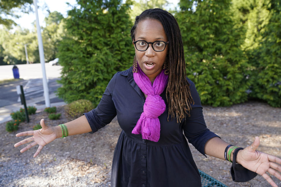 Third party gubernatorial candidate Princess Blanding gestures during an interview in Saluda, Va., Friday, Oct. 1, 2021. Blanding, a Black activist and educator known for her dogged advocacy for racial justice and police reforms, is making a long-shot third-party bid for Virginia governor. (AP Photo/Steve Helber)