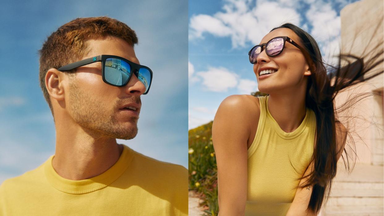  Side by side images of a male and a female model wearing SunGod prescription sunglasses 