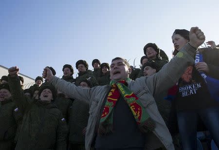 A supporter of Tavriya soccer club reacts during a soccer match in Simferopol, Crimea, March 14, 2015. REUTERS/Maxim Shemetov