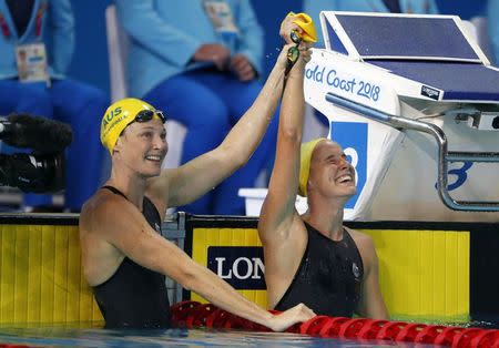 Swimming - Gold Coast 2018 Commonwealth Games - Women's 100m Freestyle - Final - Optus Aquatic Centre - Gold Coast, Australia - April 9, 2018. Bronte Campbell and Cate Campbell of Australia. REUTERS/David Gray