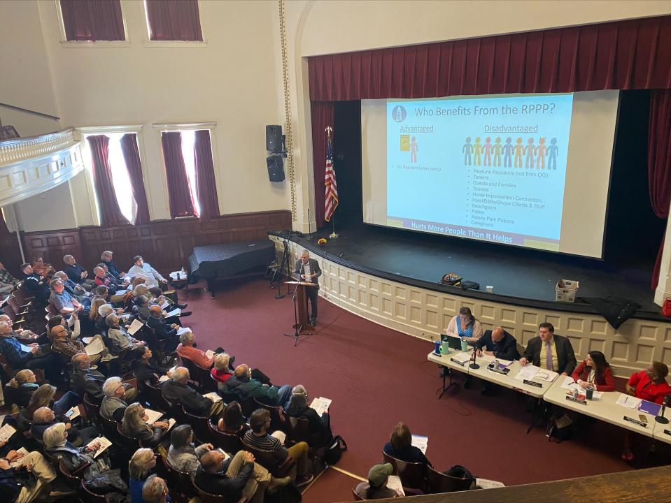Michael Badger, president of the camp meeting association, opposing the Residential Permit Parking Program during the special meeting of the Township Committee at the Jersey Shore Arts Center in Ocean Grove.