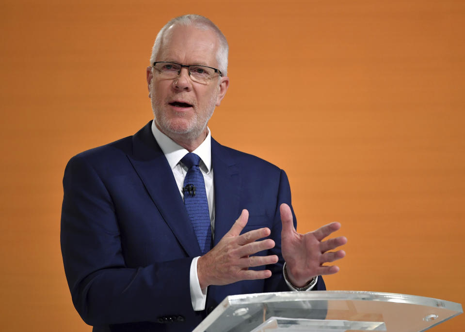 In this Feb. 9, 2018, photo, former Australian Broadcasting Corp. Chairman Justin Milne speaks during the ABC annual public meeting in Sydney, Australia. Milne resigned on Thursday, Sept. 27, 2018, over allegations that he pressured the independent national broadcaster to fire two political journalists because the government disliked them. (Joel Carrett/AAP Image via AP)