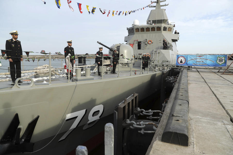 In this picture released by the official website of the Iranian Army on Monday, Nov. 27, 2023, Deilaman destroyer is docked during a ceremony marking its inauguration in a naval base in the Caspian Sea, in northern Iran. Deilaman, a 1,400-ton destroyer capable of launching cruise missiles, is 95 meters (312 feet) long and 11 meters (36 feet) wide and is able to launch torpedoes while traveling at 30 knots (56 kph, 35 mph). (Iranian Army via AP)