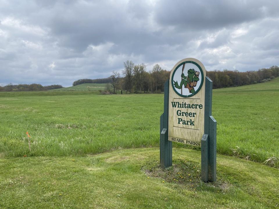 A Stark Parks sign by the entrance of Whitacre Greer Park in Rose Township in Carroll County. The park will return to private property in June.