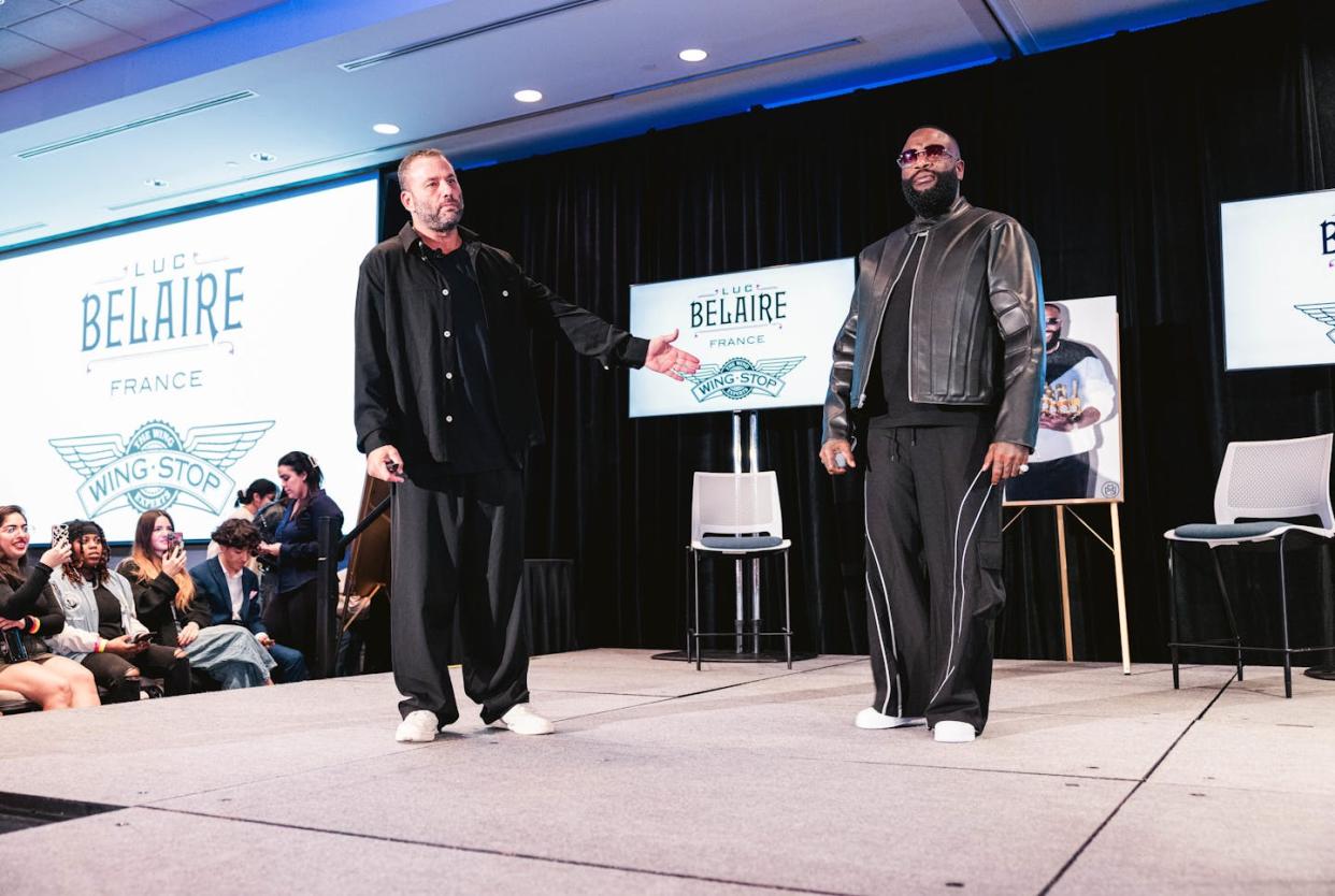 Rap mogul Rick Ross, right, speaks in a hospitality class hosted by entrepreneur David Grutman. Chaplin School of Hospitality & Tourism Management, Florida International University (FIU)