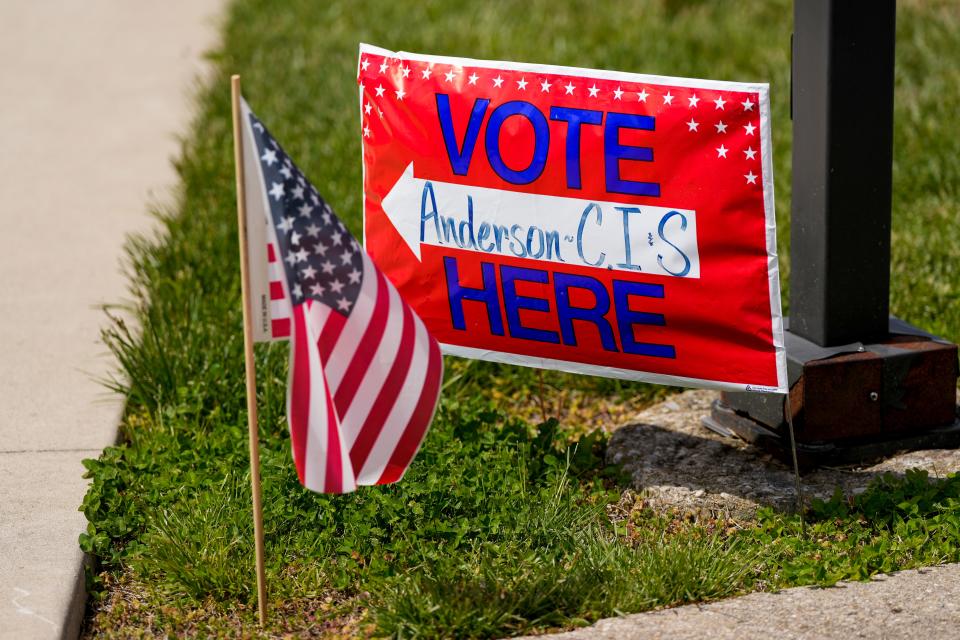 Voting signs outside of Mercer Elementary School in Anderson Township on Tuesday, May 2, 2023.