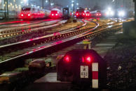 Trains are parked outside the central train station in Frankfurt, Germany, Friday, Dec. 8, 2023, when train drivers of the GDL union went on a 24-hour-strike. (AP Photo/Michael Probst)