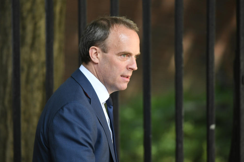 Foreign Secretary Dominic Raab in Downing Street, London, as the row over Prime Minister Boris Johnson's top aide Dominic Cummings' Durham trip continues.