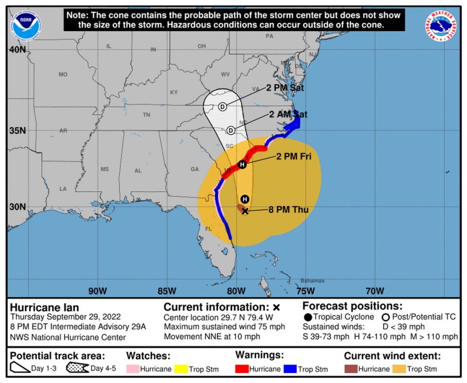 The Charlotte area is under a tropical storm warning with Hurricane Ian expected to dump a deluge of potentially tree-toppling heavy rain on Friday afternoon.