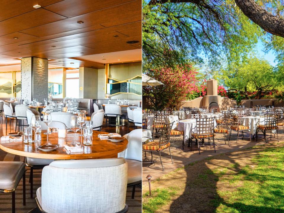 Left: A dimly lit dining room with round wooden tables and gold accents. Right: outdoor dining patio surrounded by green trees and pink flowers