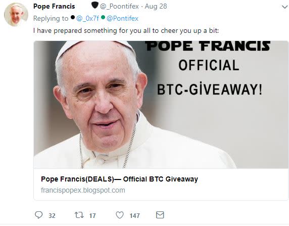 Pope Francis Latest Target of Giveaway Scam Twitter