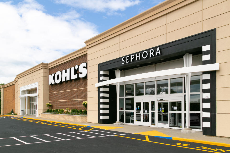 This photo provided by Kohl’s shows the outside the Kohl’s Sephora department store in Ramsey, N.J. Americans are splurging on beauty as they tighten their budgets elsewhere. According to market research company IRI, sales of eye, face and lip makeup has gone up across stores. It comes as major retailers slashed their financial outlooks for the year after seeing shoppers pull back on many discretionary items in the latest quarter. ( Kohl’s via AP)