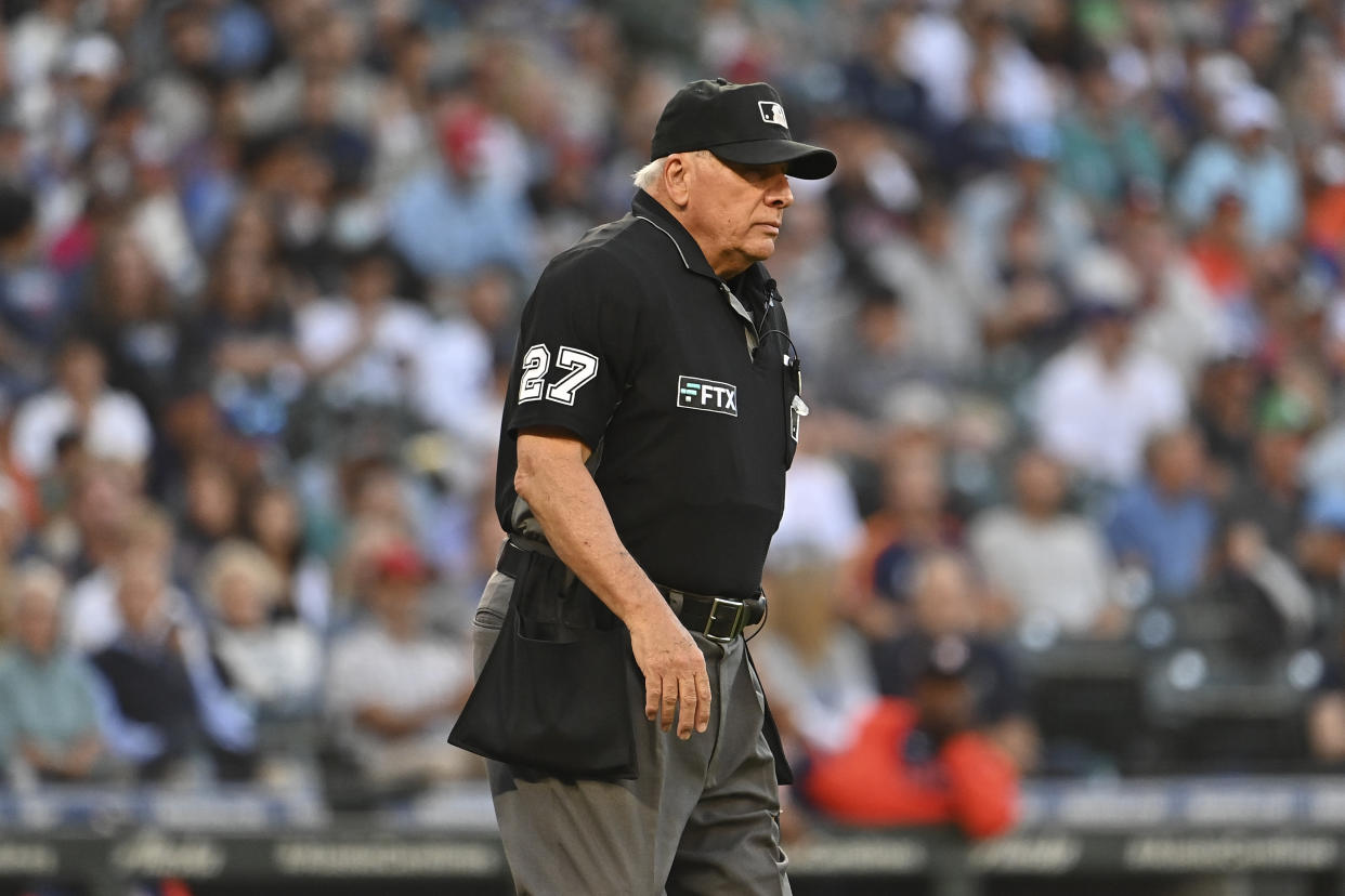 Umpire Larry Vanover was hit by a relay throw in the Yankees-Guardians game Wednesday. (Photo by Alika Jenner/Getty Images)