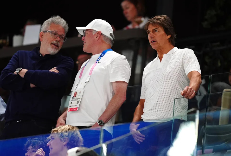 Tom Cruise with David Zaslav watching the artistic gymnastics at the Bercy Arena, on the second day of the 2024 Paris Olympic Games in France. Picture date: Sunday July 28, 2024. (Photo by Mike Egerton/PA Images via Getty Images)