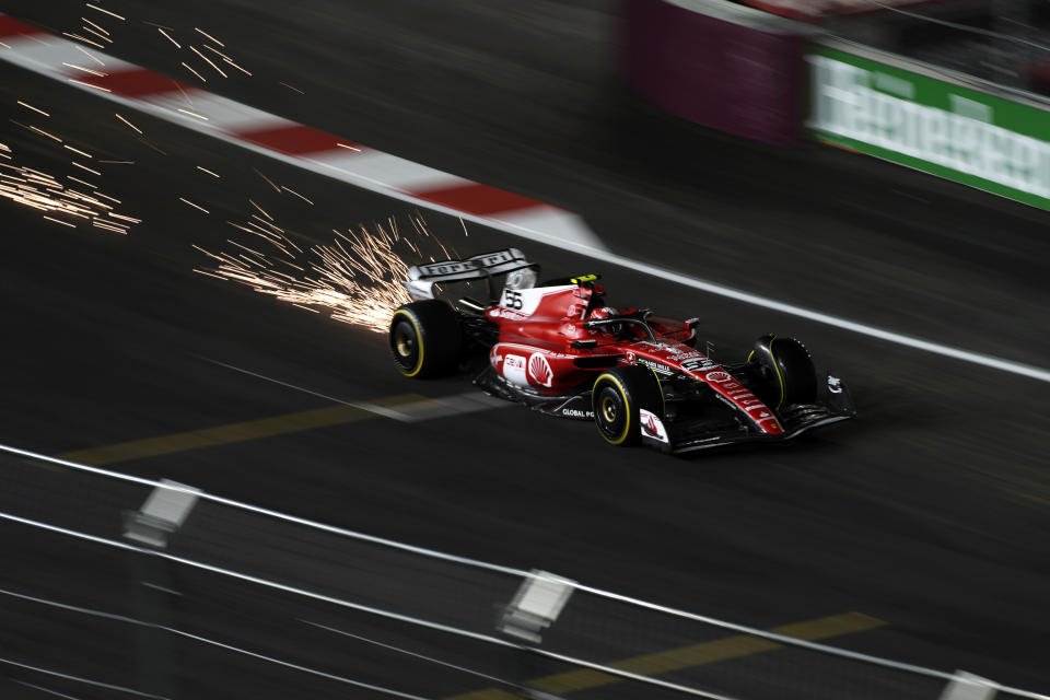 Ferrari driver Carlos Sainz, of Spain, drives during the second practice for the Formula One Las Vegas Grand Prix auto race, Friday, Nov. 17, 2023, in Las Vegas. (AP Photo/John Locher)