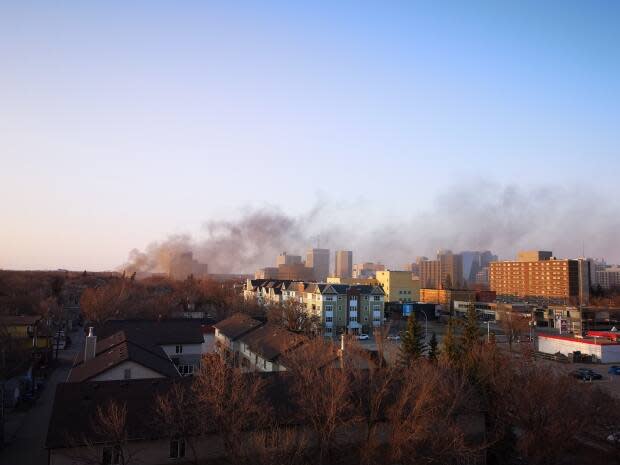 The view of the fire from a Regina apartment balcony on College Avenue, looking north. 