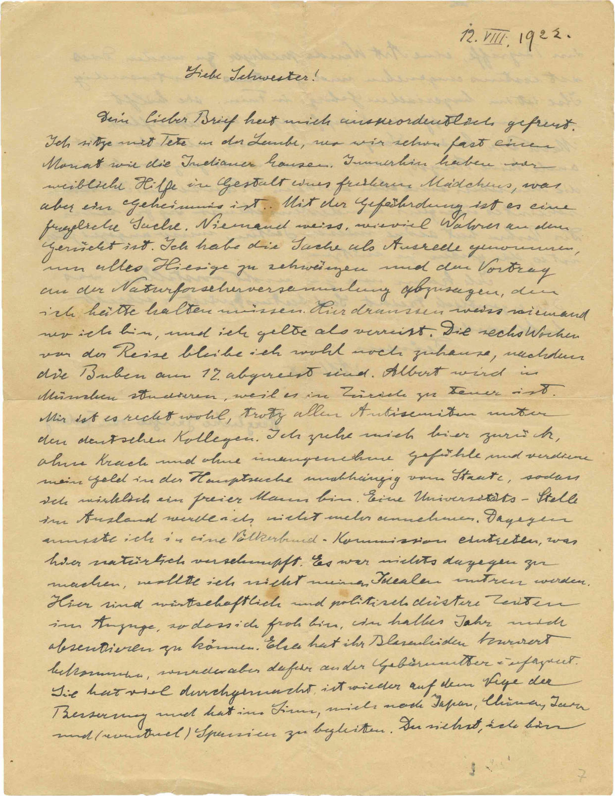 This undated photo released by the Kedem Auction House, shows a copy of a 1922 letter Albert Einstein wrote to his beloved younger sister, Maja. The previously unknown letter, brought forward by an anonymous collector, is set to go on auction next week in Jerusalem with an opening asking price of $12,000. In the handwritten letter, Einstein expressed fears of anti-Semitism long before Nazis’ rise. (Kedem Auction House via AP)