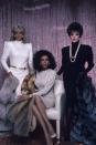 <p>Linda Evans, Diahann Carroll, and Joan Collins wearing shoulder pad dresses, pearls, and fur coats in a <em>Dynasty </em>promo photo.</p>