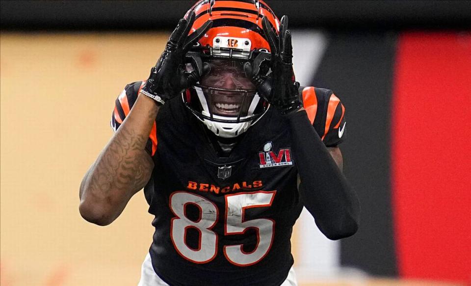 Cincinnati Bengals wide receiver Tee Higgins reacts after scoring a touchdown against the Los Angeles Rams during the second half of the NFL Super Bowl 56 football game Sunday, Feb. 13, 2022, in Inglewood, Calif.