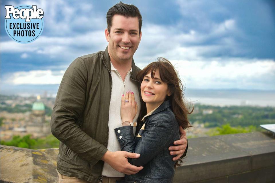 <p>Rob McDougall</p> Zooey Deschanel and Jonathan Scott after getting engaged in Edinburgh, Scotland. 