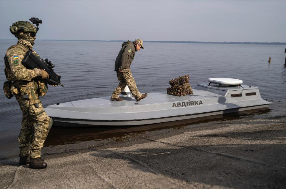 Ukraine's newly released Sea Baby drone "Avdiivka" during a presentation in the Kyiv region on March 5, 2024.