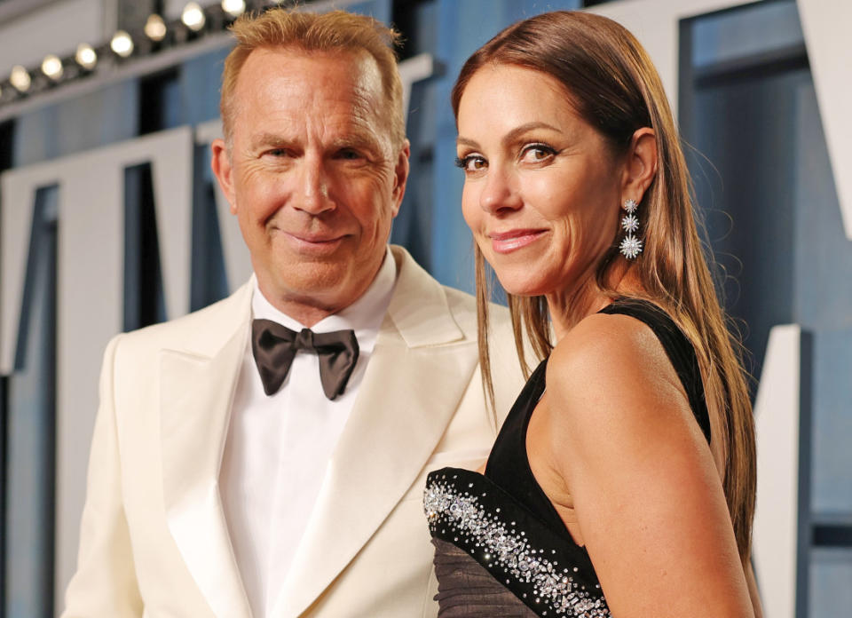Kevin Costner and Christine Baumgartner at the 2022 Vanity Fair Oscar Party<p>Rich Fury/VF22/Getty Images for Vanity Fair</p>