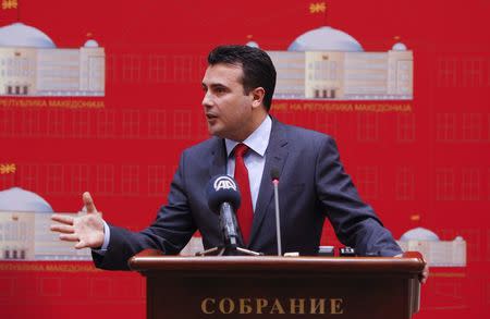 Macedonian Social Democratic leader Zoran Zaev speaks during a press conference at the Parliament in Skopje. Macedonia April 27, 2017. REUTERS/Ognen Teofilovski