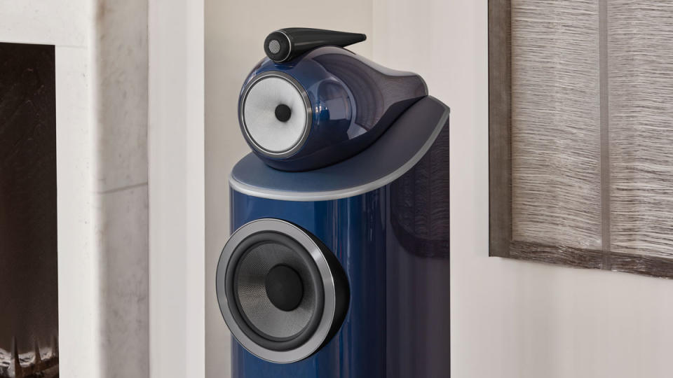 A close-up of the upper portion of a Bowers & Wilkins 801 D4 Signature loudspeaker in Midnight Blue metallic paint.