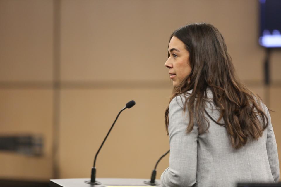 Assistant State Attorney Kristin Grimes appears in a West Palm Beach courtroom on May 13, 2024, for the pre-trial release hearing of a man and woman accused of sexually abusing two young boys' and livestreaming it online for a paying audience.