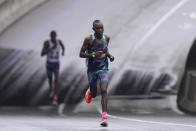 Evans Chebet, of Kenya, ahead of Gabriel Geay, of Tanzania, during the 127th Boston Marathon, Monday, April 17, 2023, in Boston. (AP Photo/Steven Senne)