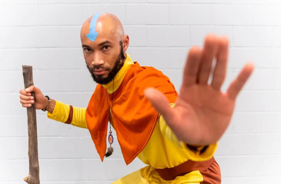 Gabreon Davis, 29, cosplays as Aang from Avatar: The Last Airbender during Florida Supercon 2023 at the Miami Beach Convention Center on Saturday, July 1, 2023, in Miami Beach, Fla.