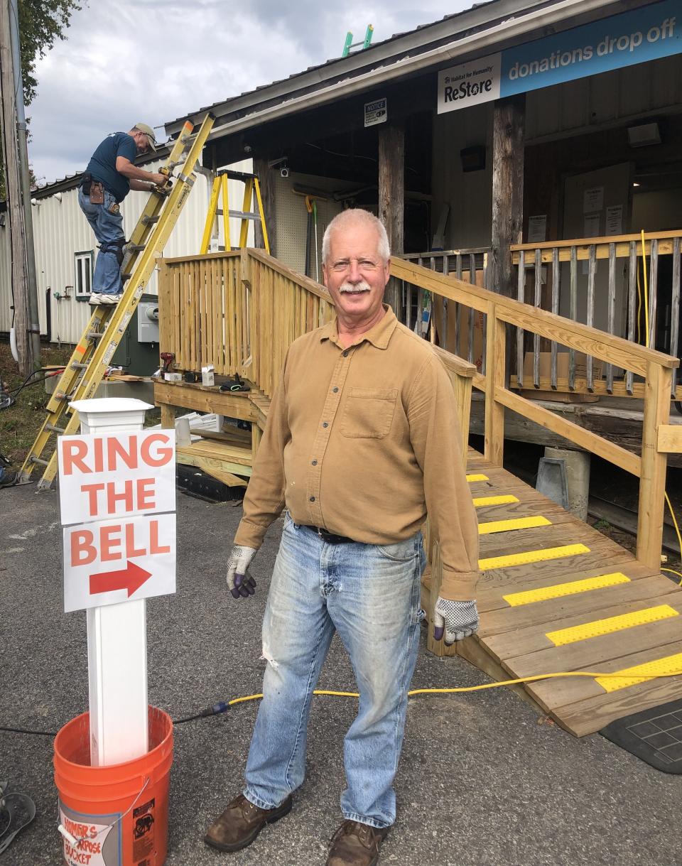 Jake Wolterbeek of Kittery takes a break from working on the roof of Habitat for Humanity York County’s ReStore in Kennebunk. He’s volunteered for the organization since he retired, closing his restaurant Jake’s Seafood in Wells, several years ago. He has worked on two house projects in Cape Porpoise, Maine, and one in Sanford, and in between houses works on improvements at the ReStore.