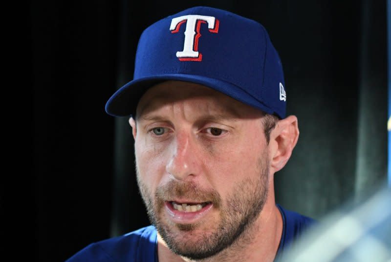 Texas Rangers pitcher Max Scherzer underwent surgery Thursday on a herniated disk. File Photo by Ian Halperin/UPI