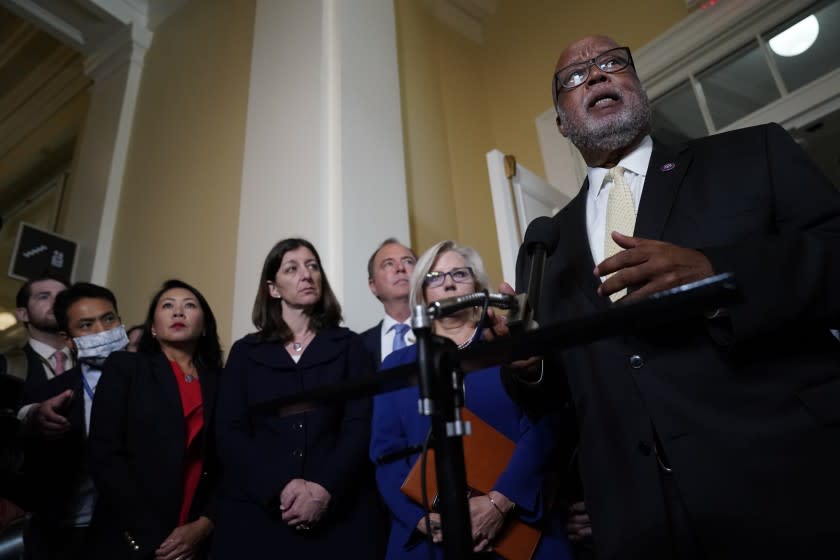 WASHINGTON, DC - JULY 27: Chairman Rep. Bennie Thompson (D-MS) and members of the House select committee investigating the deadly pro-Trump invasion of the U.S. Capitol speak to the press after the committee's first hearing in the Cannon House Office Building on Capitol Hill on Tuesday, July 27, 2021 in Washington, DC. During its first hearing, the committee - which currently made up of seven Democrats and two Republicans - heard testimony from law enforcement officers about their experiences while defending the Capitol on January 6. (Kent Nishimura / Los Angeles Times)