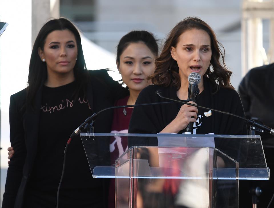 Eva Longoria, Constance Wu, and Natalie Portman at the 2018 Women's March in Los Angeles.