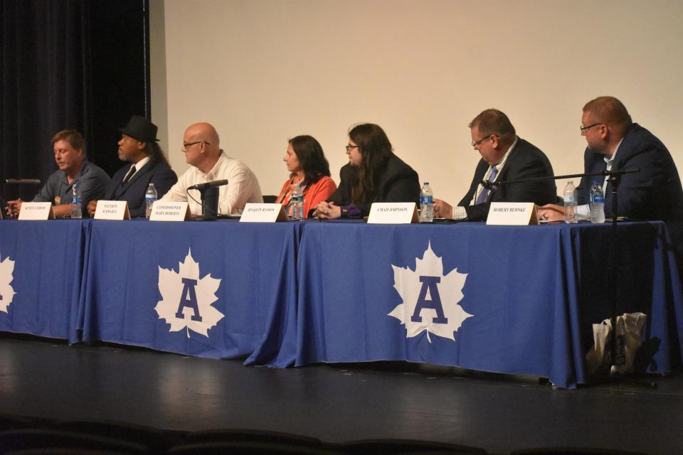 Seven of the 10 candidates who were on the Aug. 8 primary election ballot for Adrian City Commission participated June 22 in a candidate forum conducted by the Lenawee County chapter of the NAACP at Adrian High School. Candidates who participated are, from left, Patrick Ulanowicz, Scott Jay Smith, Matt Schwartz, Mary Roberts, Joaquin Ramos, Chad Johnson and Bob Behnke.