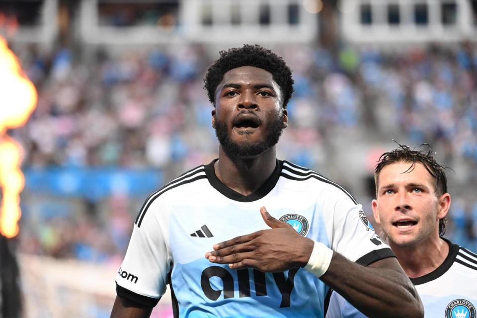 Jul 3, 2024; Charlotte, North Carolina, USA; Charlotte FC forward Patrick Agyemang (33) celebrates after scoring a goal against Inter Miami CF in the first half at Bank of America Stadium. Inter Miami won, 2-1.